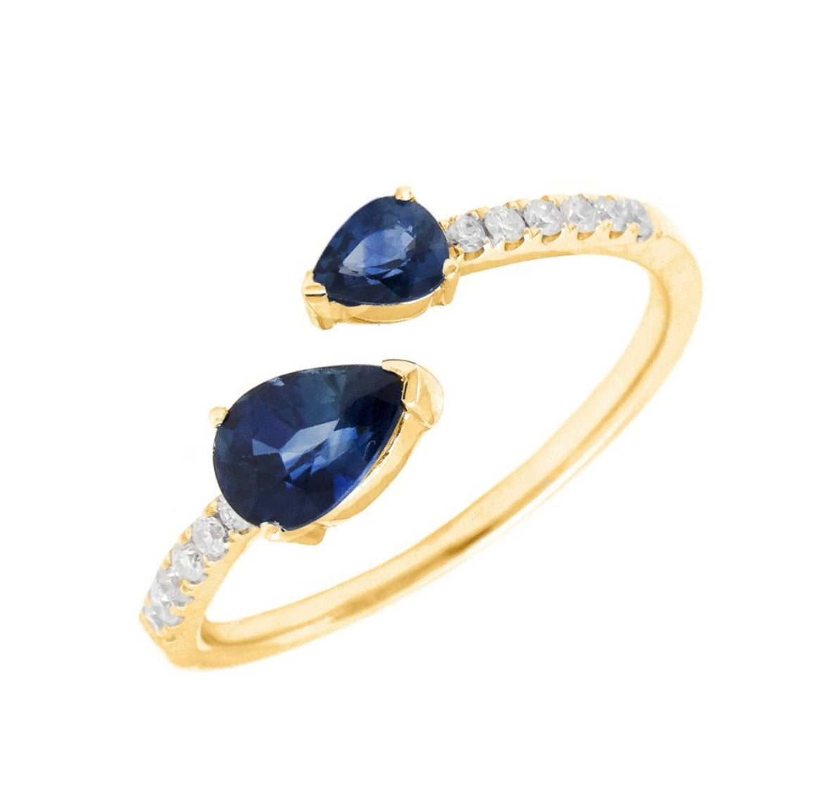 14K Yellow Gold Bypass Fashion Pear Prong Diamond & Sapphire Ring