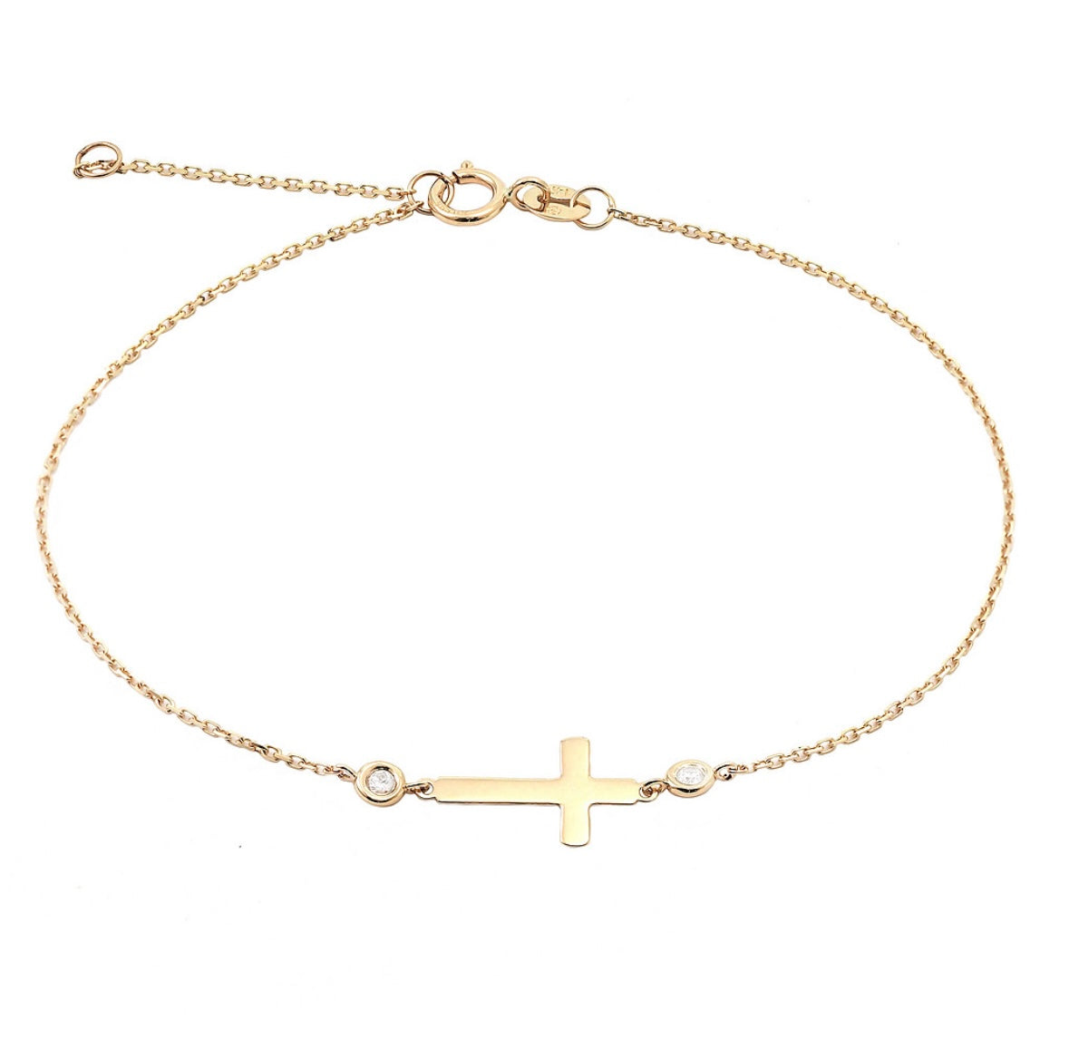 14K Yellow Gold Cross With Two Small Diamonds Bracelet