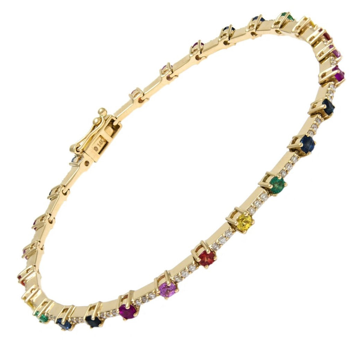 14K Yellow Gold Rainbow Multi Natural Gem & Diamonds Tennis Bracelet