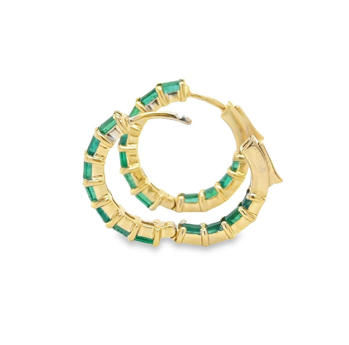 14K Yellow Gold Natural Emerald Hoops