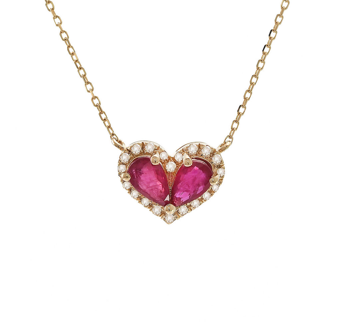 14K Yellow Gold Heart Shape Ruby With Diamonds Necklace