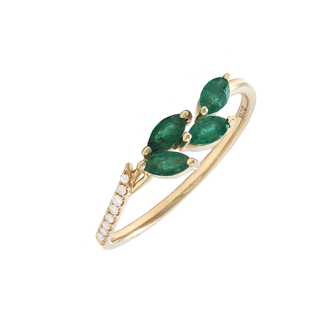 14K Yellow Gold Fashion Marquise Prong Emerald & Diamond Ring