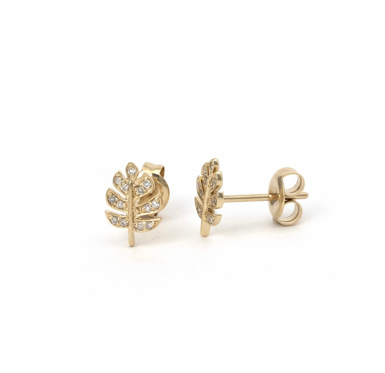 14K Yellow Gold & Diamonds Leaf Stud Earrings