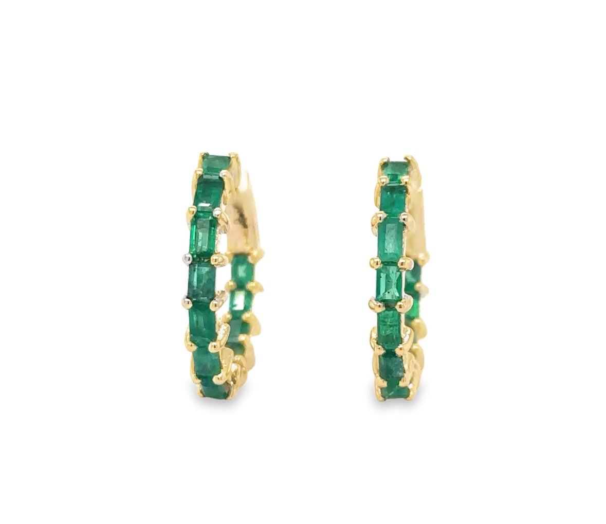 14K Yellow Gold Natural Emerald Hoops