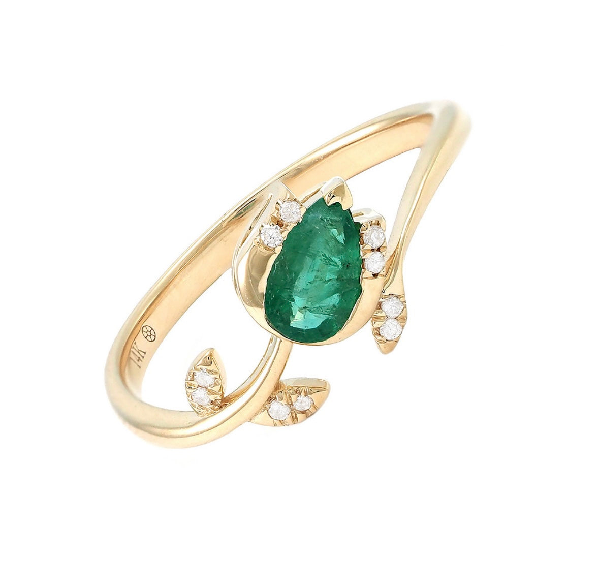 Yellow Gold Fashion Pear Prong Emerald & Diamond Flower Ring