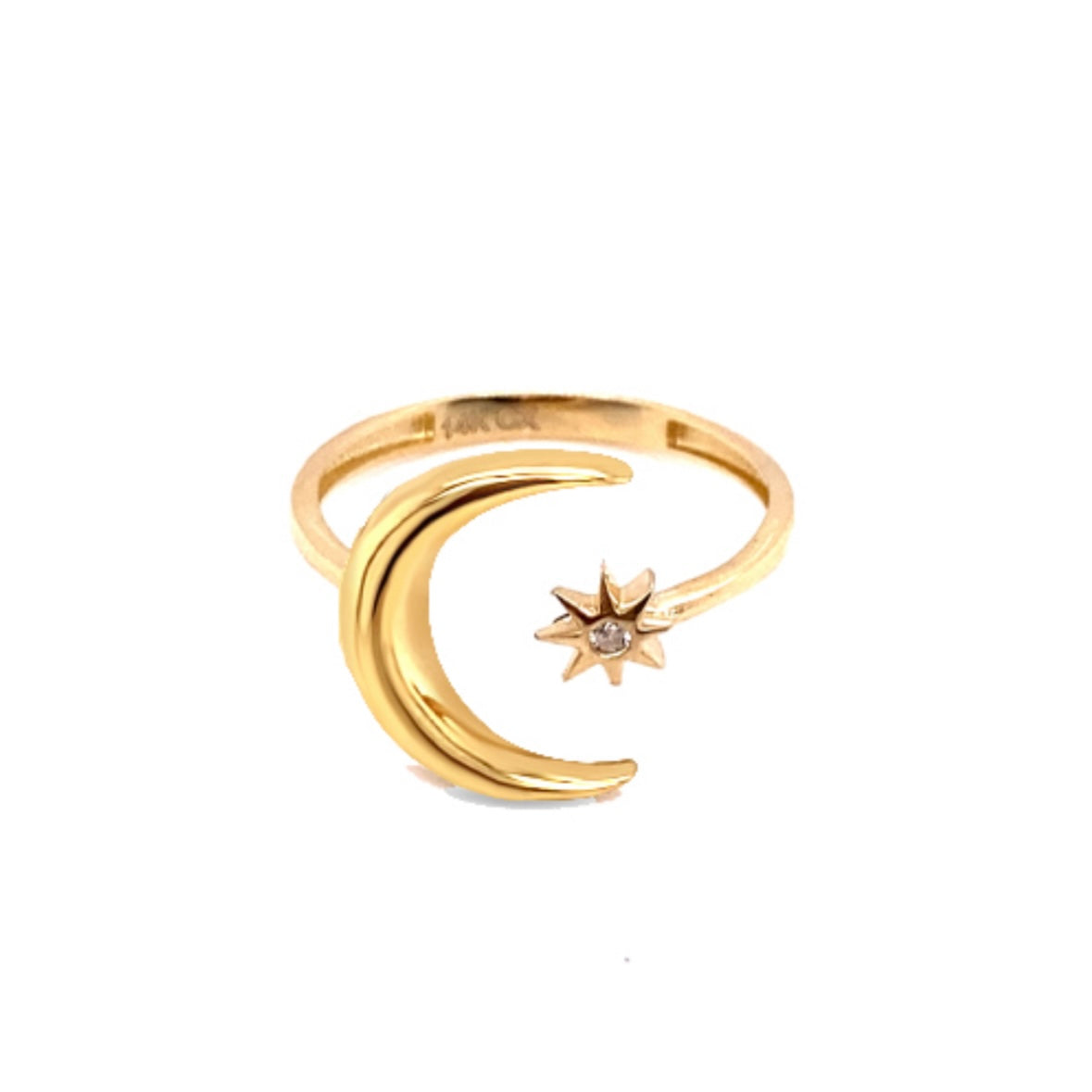 14K Yellow Gold Cz Moon & Star Ring