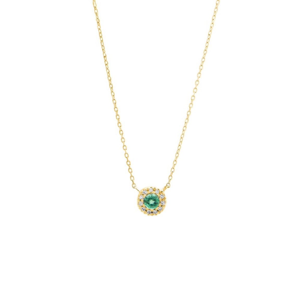 14K Yellow Gold Round Emerald With Diamonds Necklace