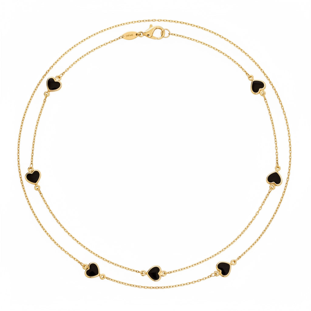 14K Yellow Gold With Black Hearts Necklace