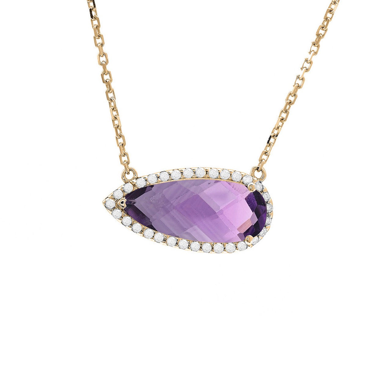 14K Yellow Gold Purple Amethyst and Natural Halo Diamonds Pear Shape 16-18” Necklace