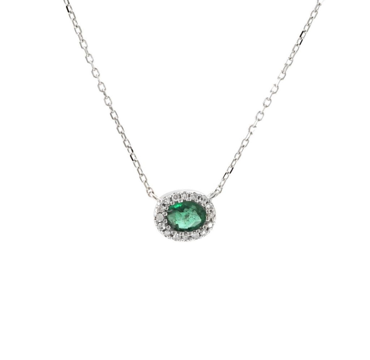 14K White Gold Emerald With Diamonds Necklace
