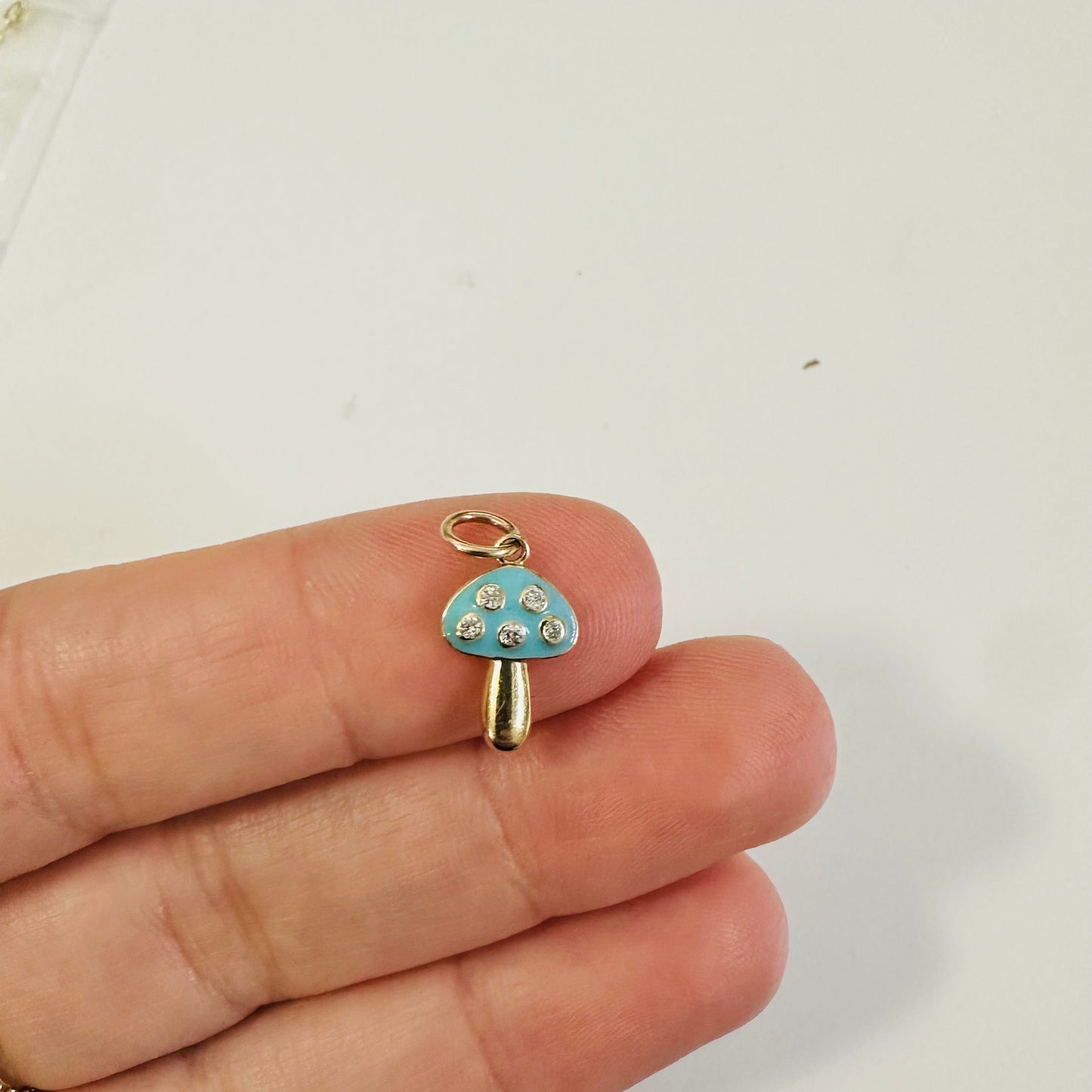 14K Solid Yellow Gold Mini Mushroom Diamond Charm