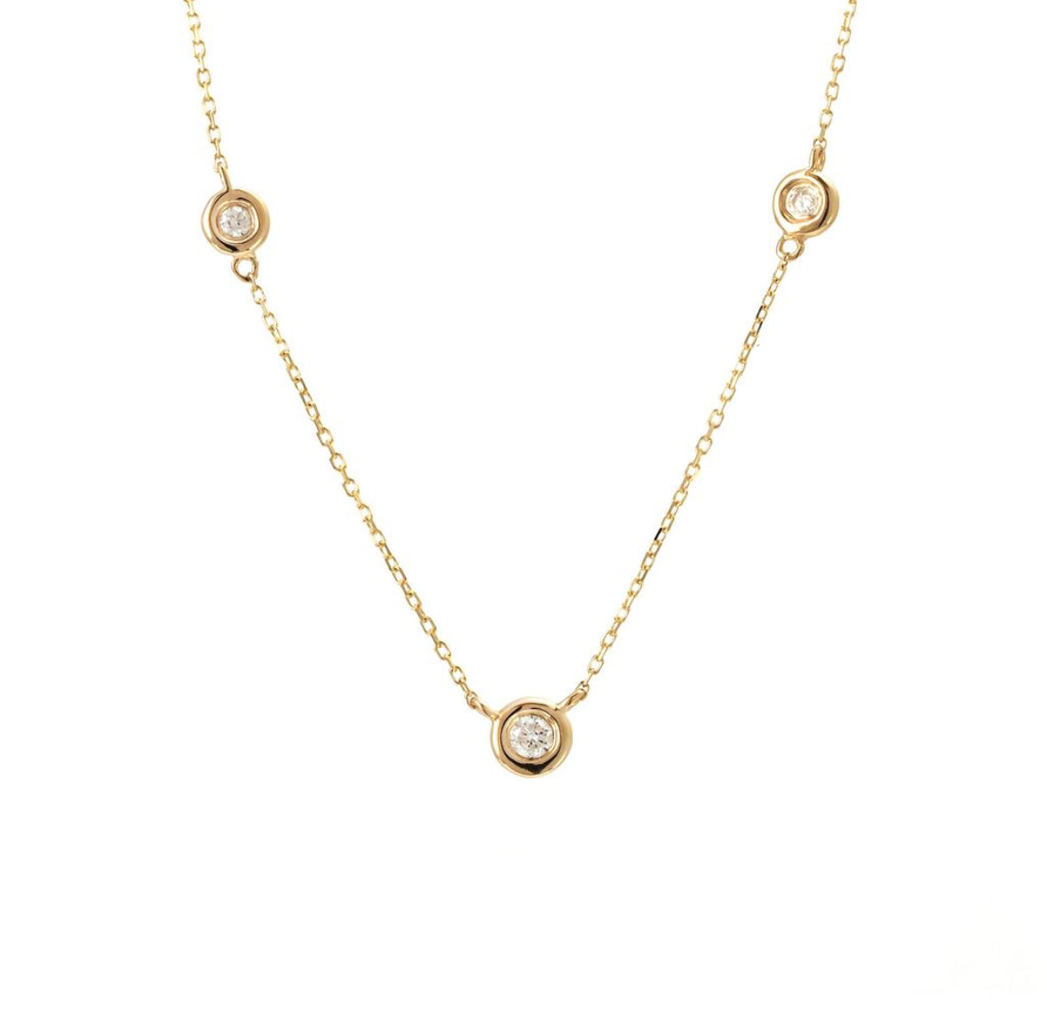 14K Yellow Gold Round Bezel Diamond Necklace Three Bezel Set Diamond Necklace 16 + 2