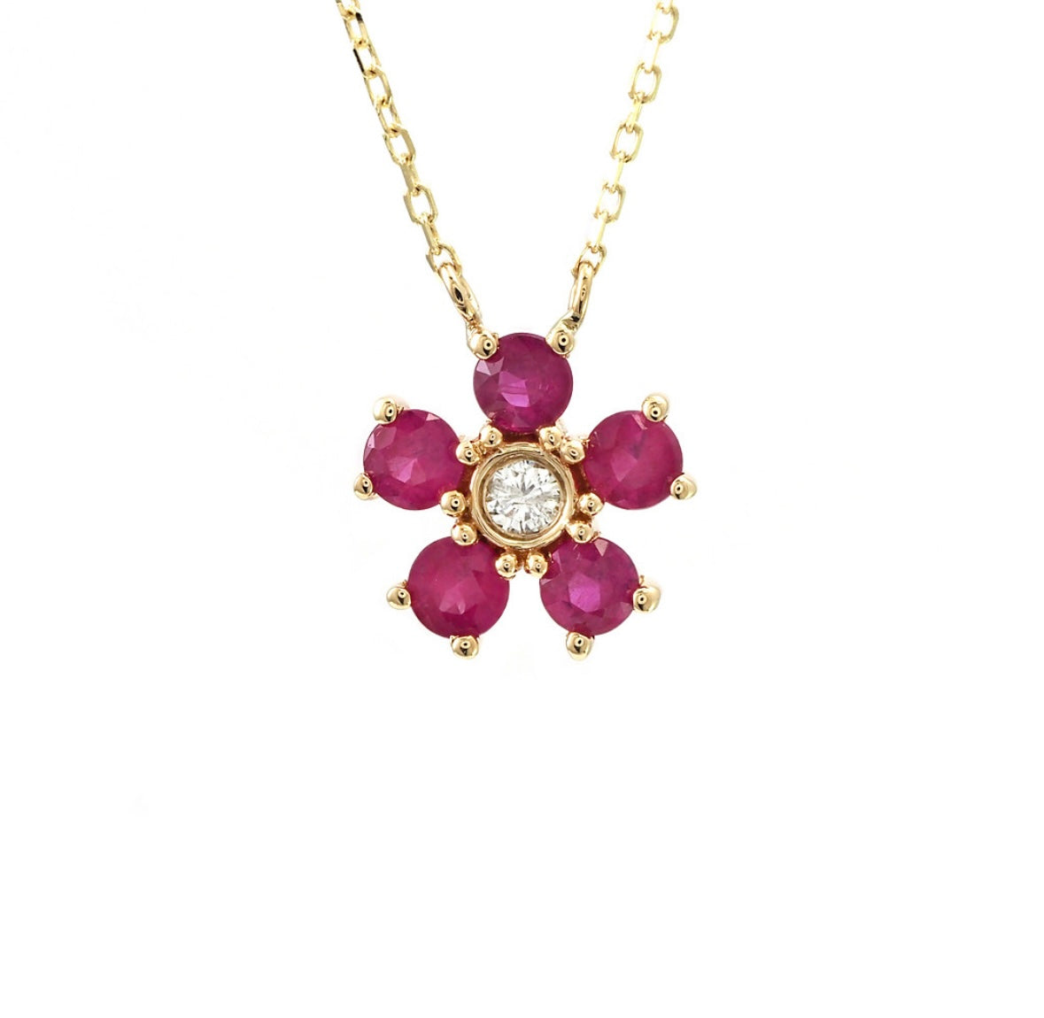 14K Yellow Gold Ruby Flower With Diamond Necklace