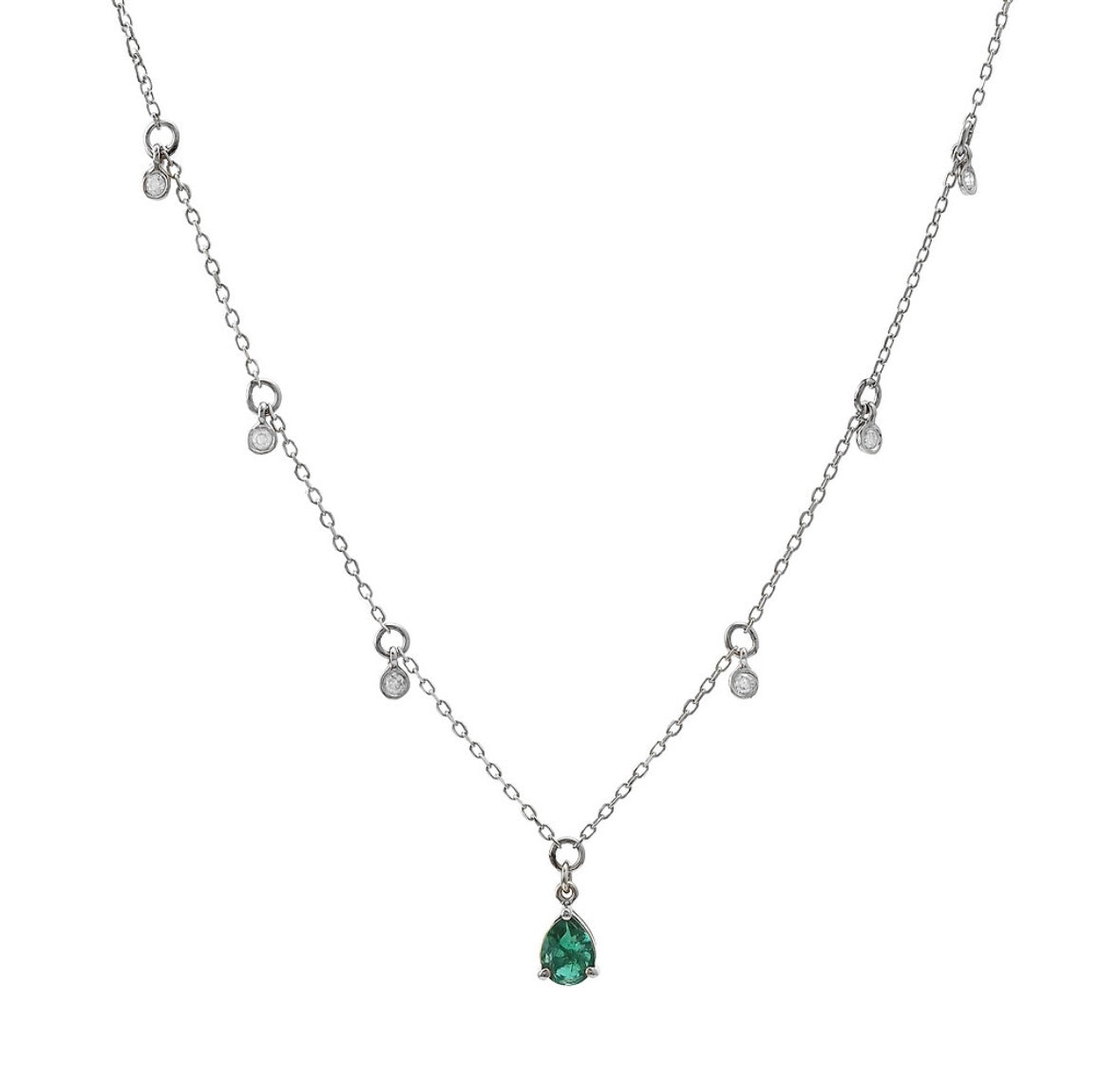14K White Gold Pear Emerald With Dangling Diamonds Necklace