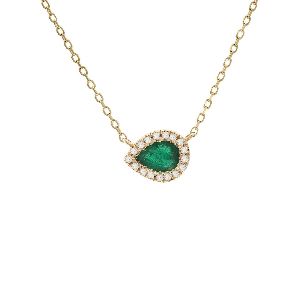 14K Yellow Gold Pear Emerald With Diamonds Necklace