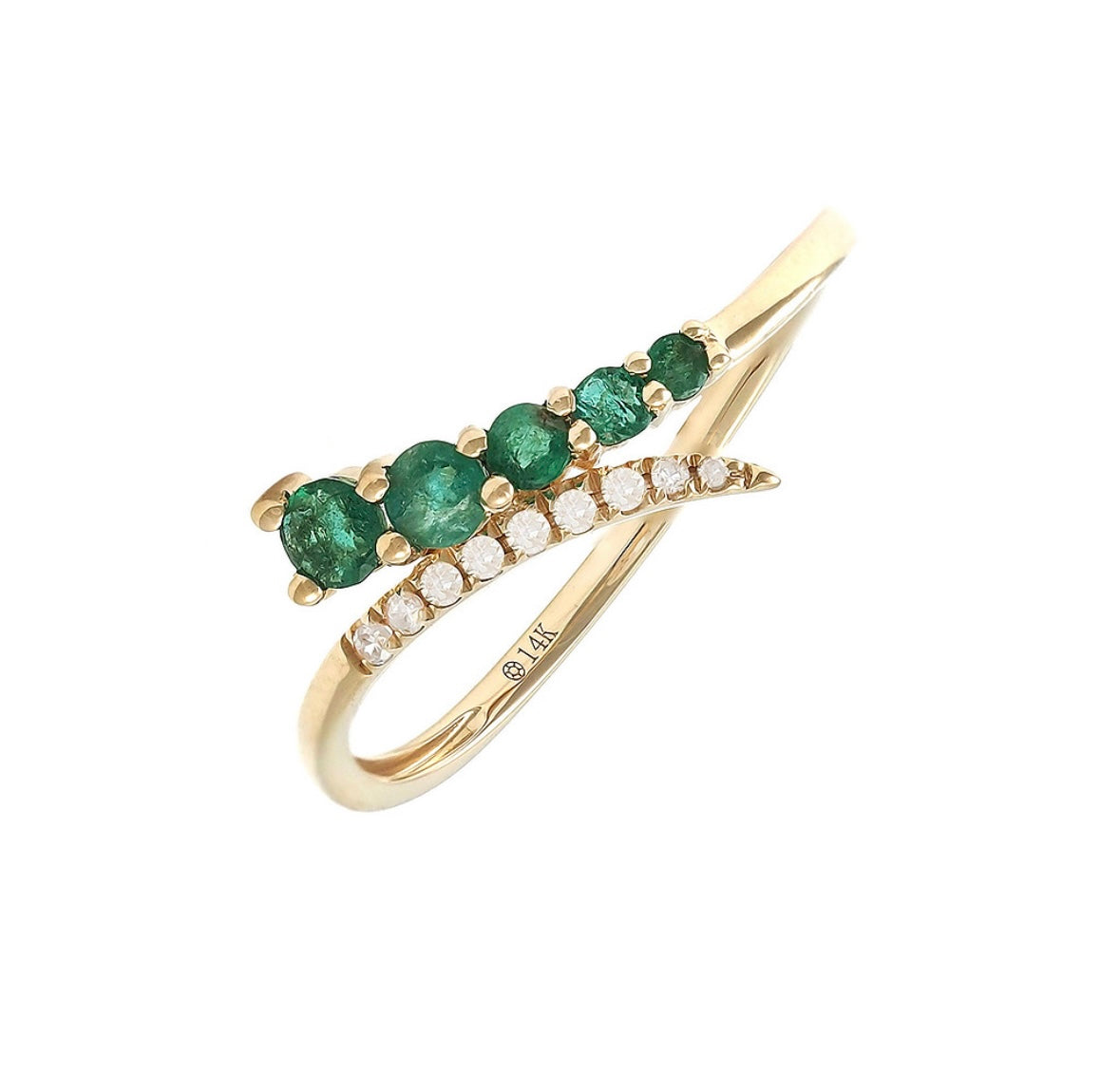 14K Yellow Gold Round Prong Emerald & Diamond Ring