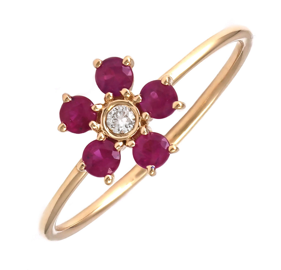 14K Yellow Gold Diamond & Ruby Flower Ring