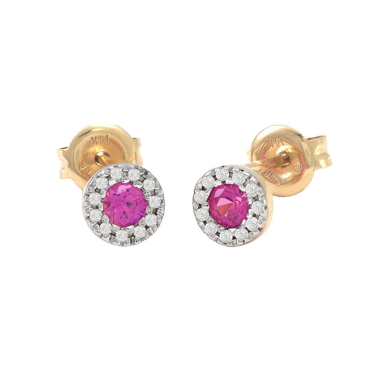 14K Yellow Gold Pink Topaz & Diamonds Halo Stud Earrings