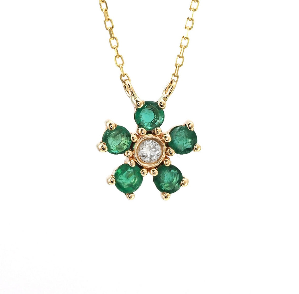 14K Yellow Gold Flower Round Prong Emerald Necklace
