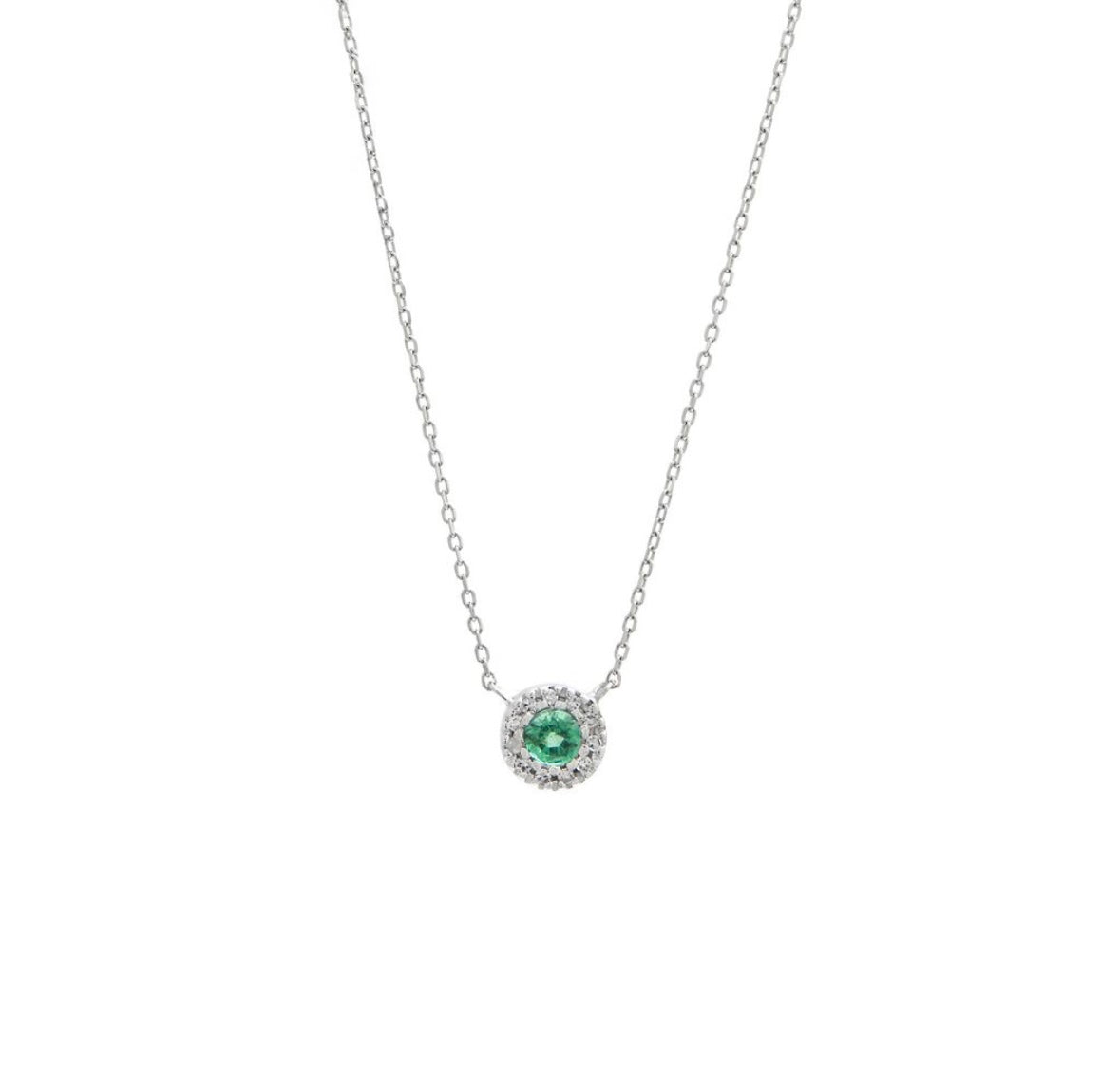14K White Gold Round Emerald With Diamonds Necklace