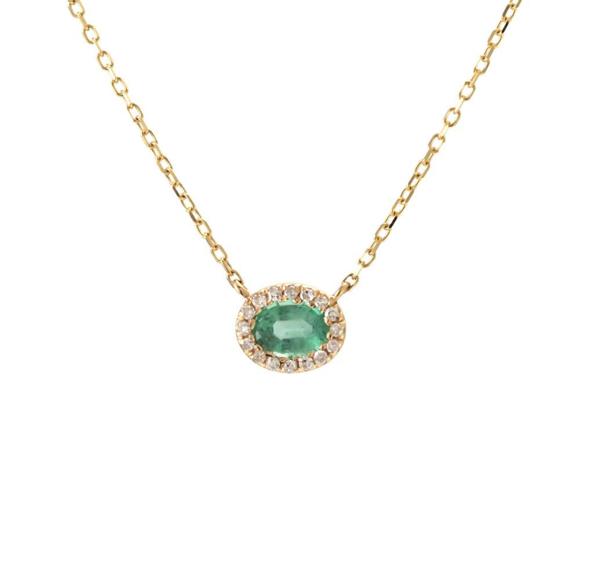 14K Yellow Gold Oval Emerald With Diamonds Necklace