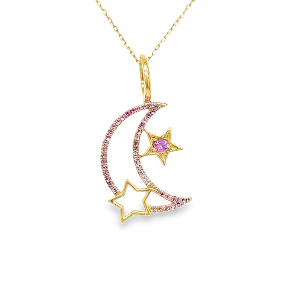 14K Cute Rose Gold Pink Sapphire Moon and Star Charm