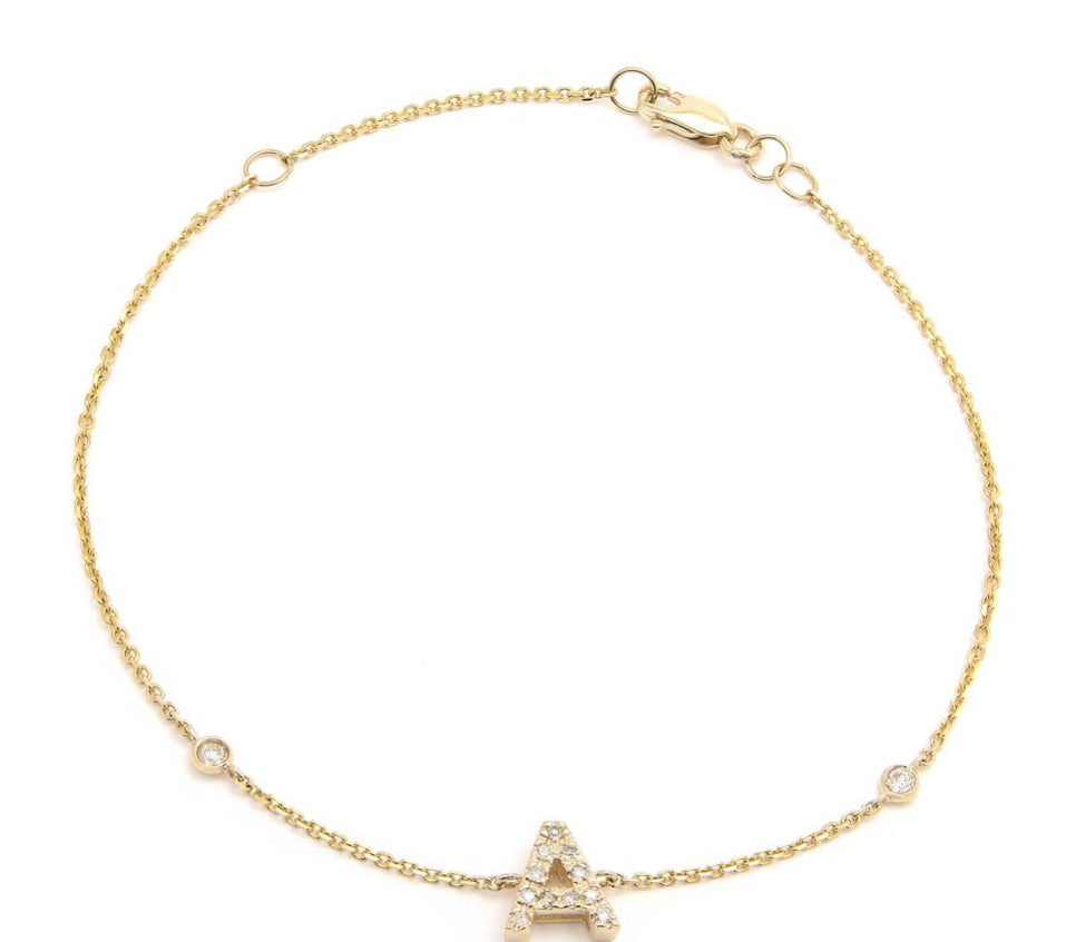 14K Yellow Gold Diamond Initial Bracelet 6+1”