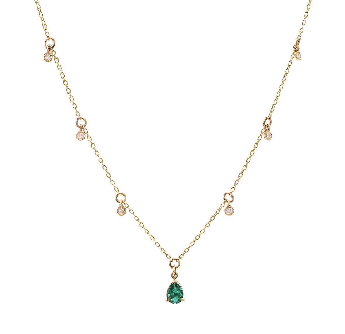 14K Yellow Gold Pear Emerald With Dangling Diamonds Necklace