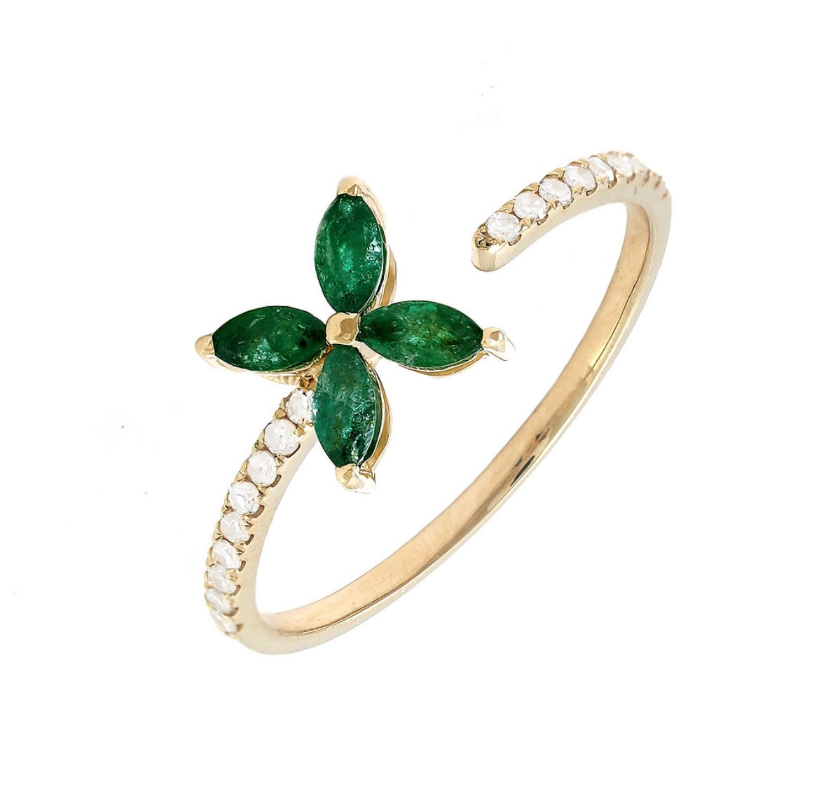 14K Yellow Gold Fashion Marquise Prong Emerald & Diamond Old Fashion Open Ring