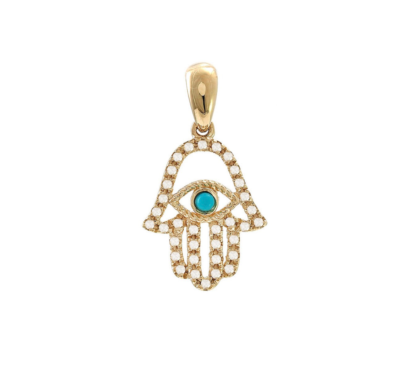 14K Yellow Gold Turquoise and Diamond Hamsa Charm Pendent
