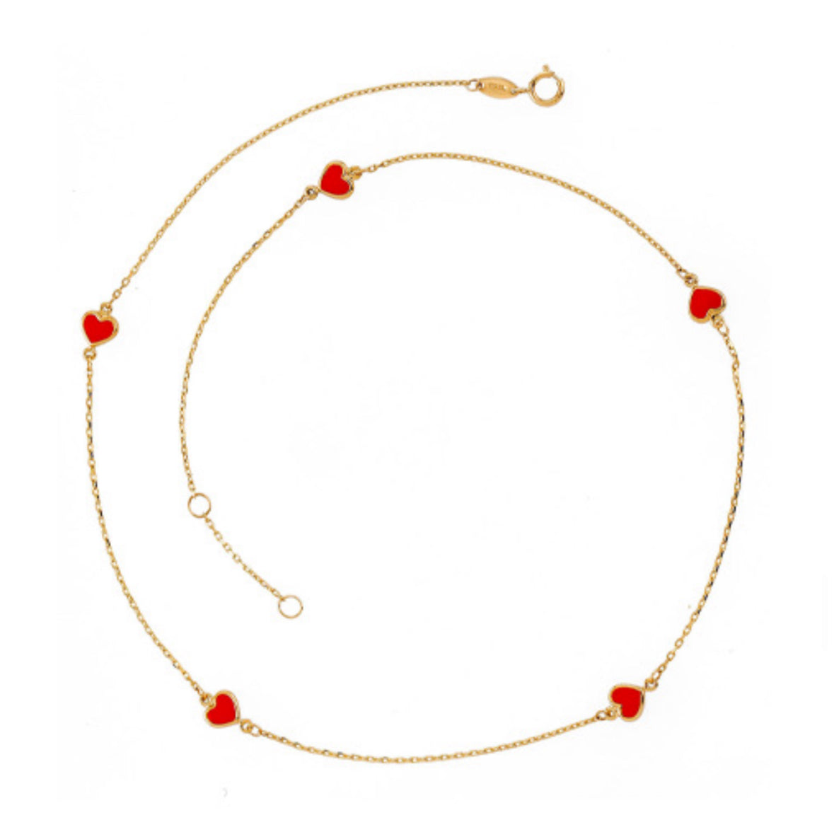 14K Yellow Gold With Red Hearts Necklace
