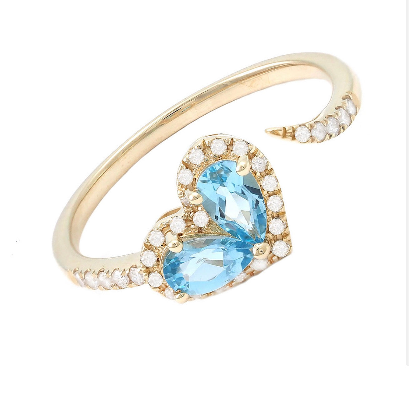14K Yellow gold Diamond and Blue Topaz Heart Ring Size 6.5