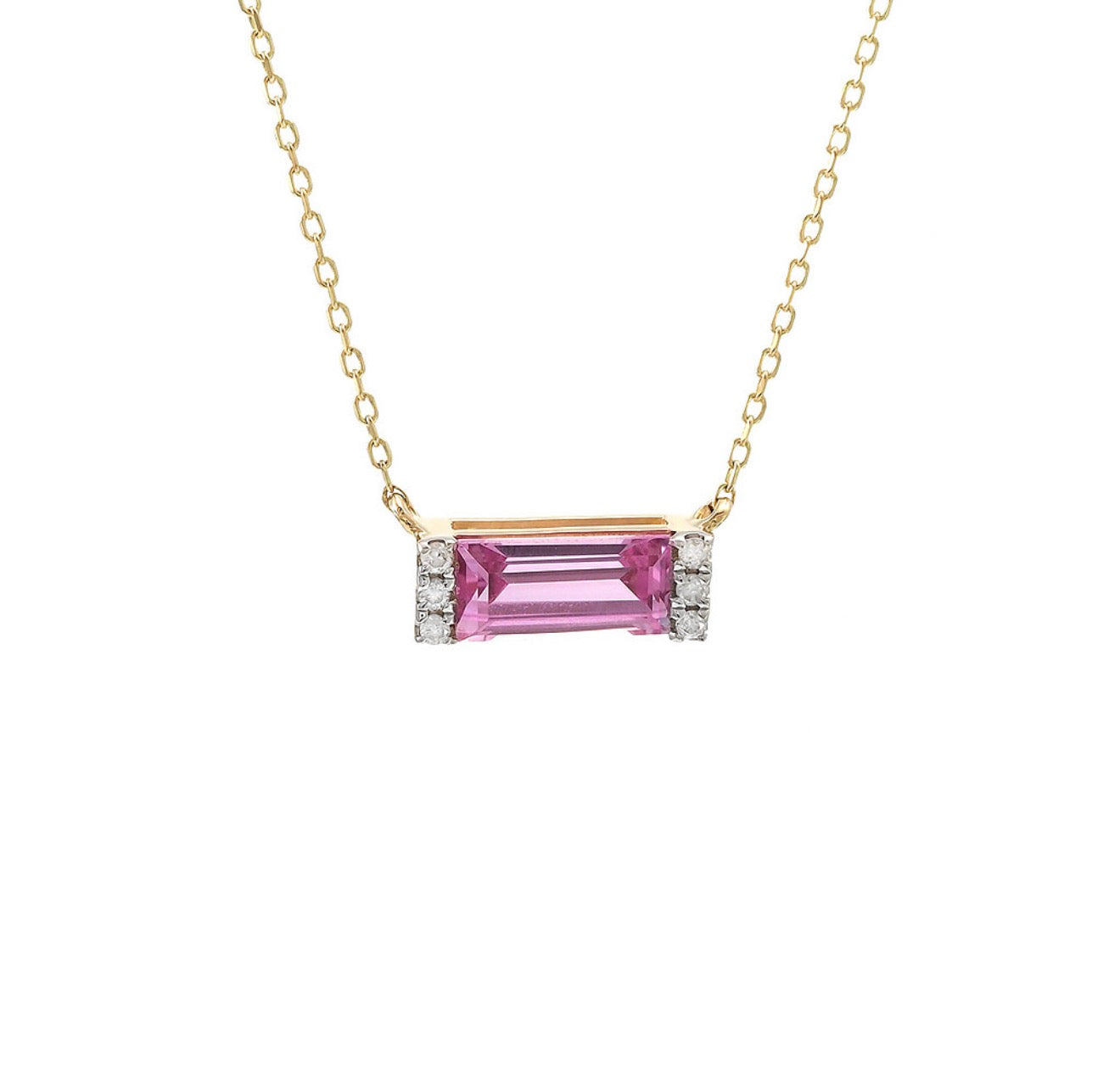 14K Yellow Gold Rectangle Pink Quartz and Diamond Necklace