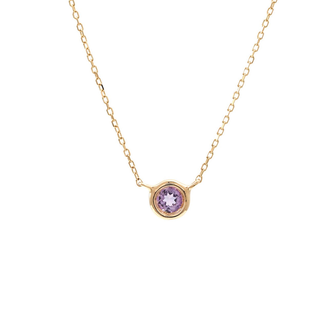 14K Yellow Gold Bezeled Solitaire Purple Amethyst 16-18” Necklace