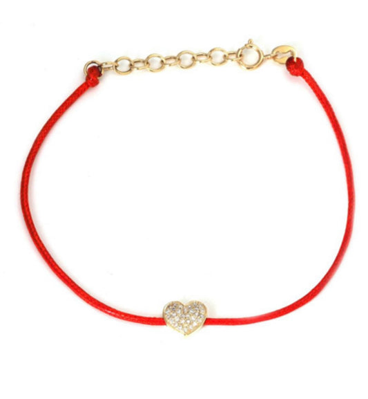 14K Yellow Gold Diamond Heart Red String Bracelet