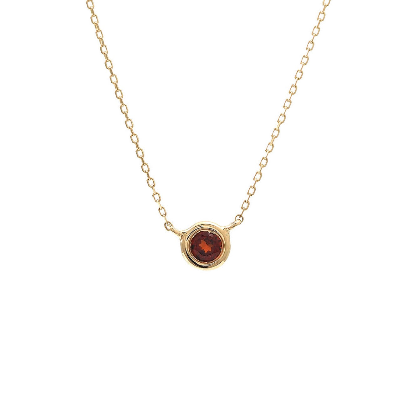 14K Yellow Gold Bezeled Solitaire Garnet 16-18” Necklace