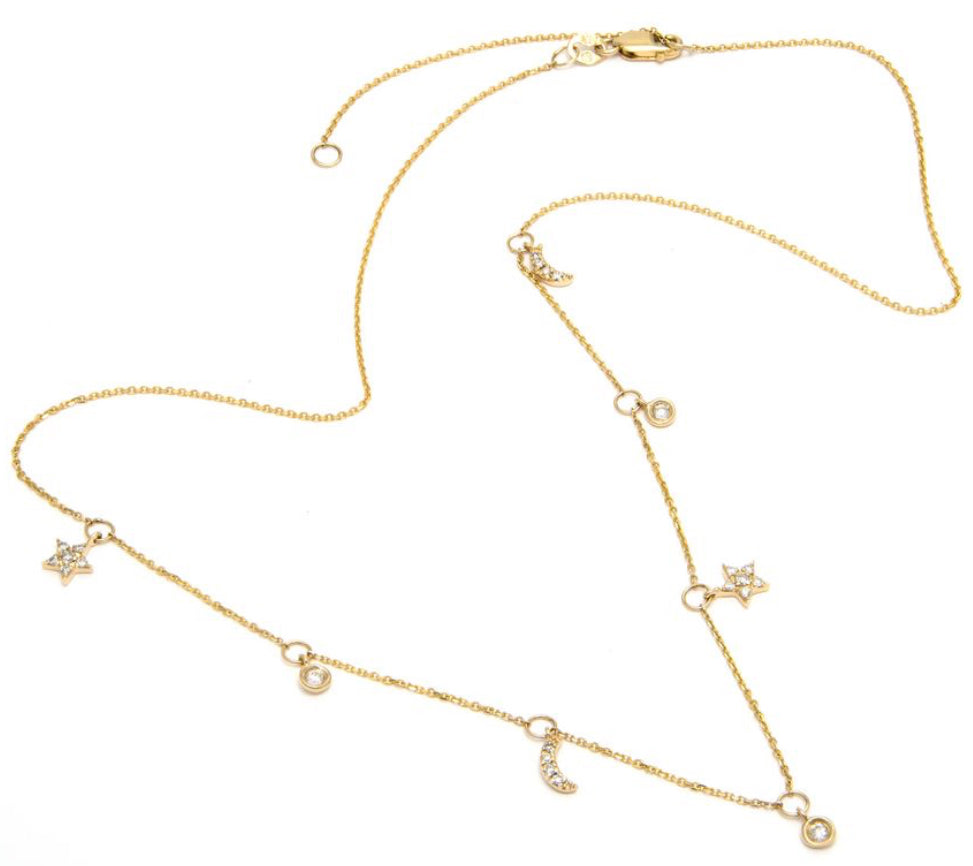 14K Solid Yellow Gold Diamond Moon & Star necklace