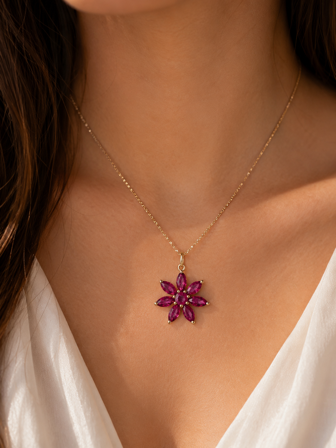 14K Yellow gold Ruby Flower Charm Necklace 16-18”