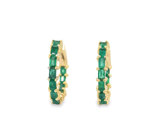 14K Yellow Gold Natural Emerald Hoops