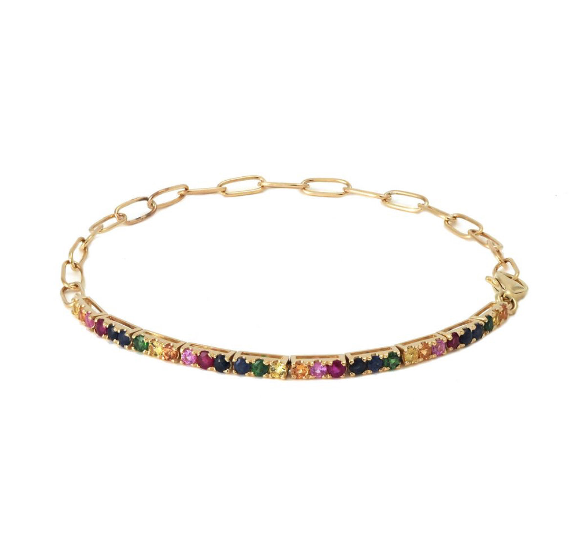 14K Yellow Gold Rainbow Multi Natural Gem Tennis Partial Paperclip Bracelet