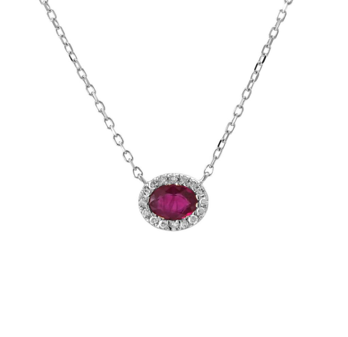 14K White Gold Oval Ruby With Diamonds Necklace