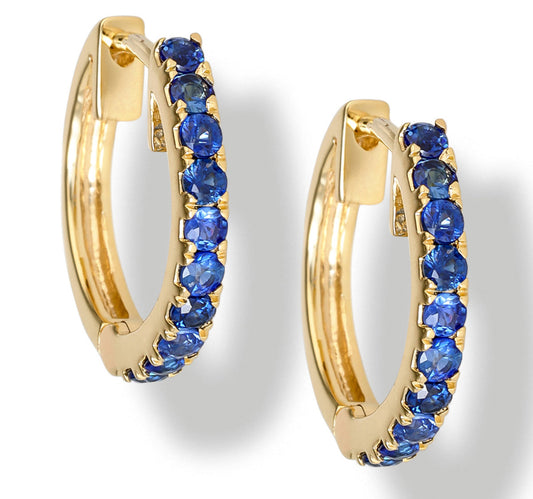 14K Yellow Gold Natural Blue Sapphire 10MM  Hoops Earrings