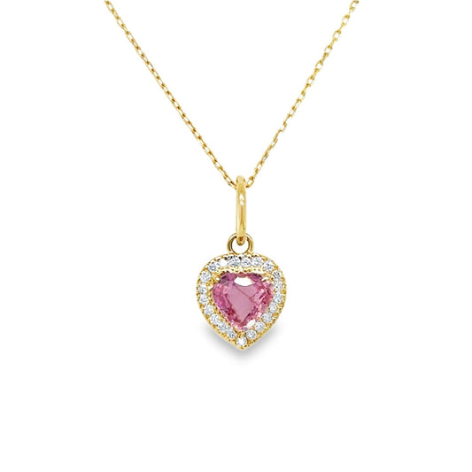14K Yellow Gold Small Pink Sapphire & Diamonds Heart Charm