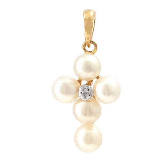 14K Yellow Gold Pearls & Diamond Tiny Cross