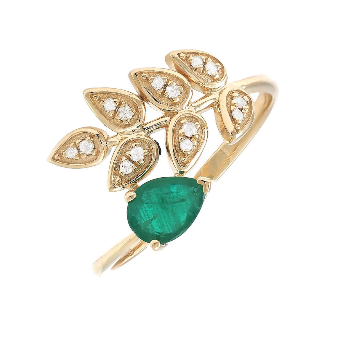 Yellow Gold Flower Pear Prong Emerald And Diamond Ring