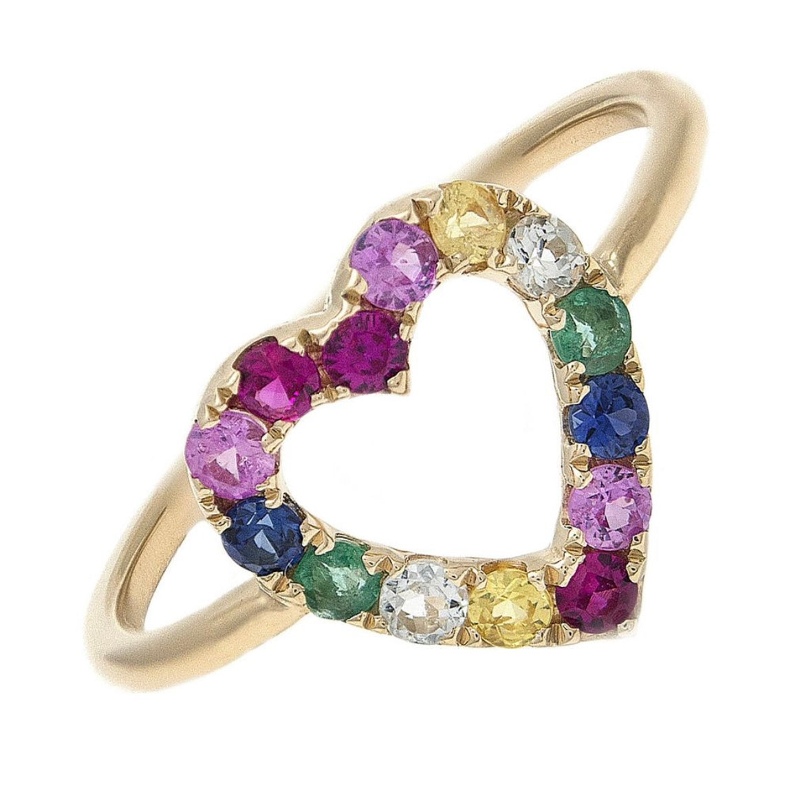 14K Yellow Gold Rainbow Natural Gem Stone Heart Ring