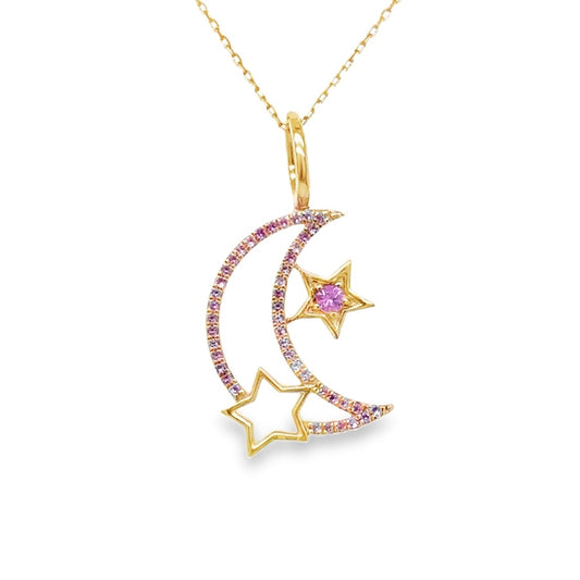 14K Cute Rose Gold Pink Sapphire Moon and Star Charm