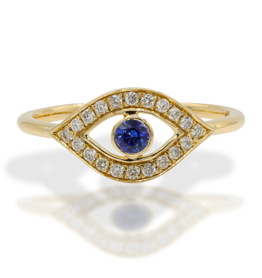 14K Yellow Gold Evil Eye Diamond and Blue Sapphire Ring