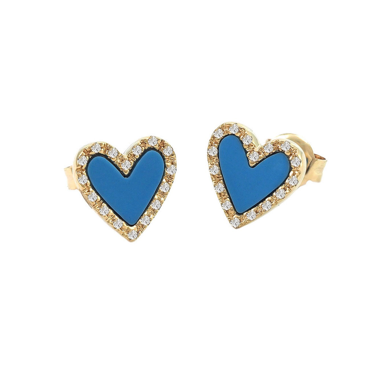 14K Yellow Gold Turquoise and Diamonds Heart Studs Earrings