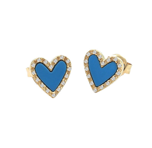 14K Yellow Gold Turquoise and Diamonds Heart Studs Earrings
